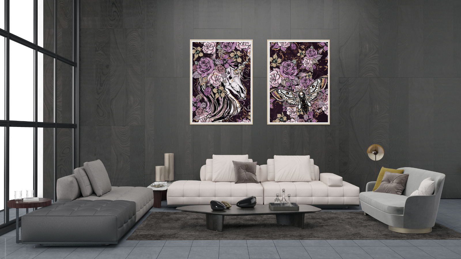 Two posters of unicorns floral and dead head moths in purple hug on a wall in a Livingroom