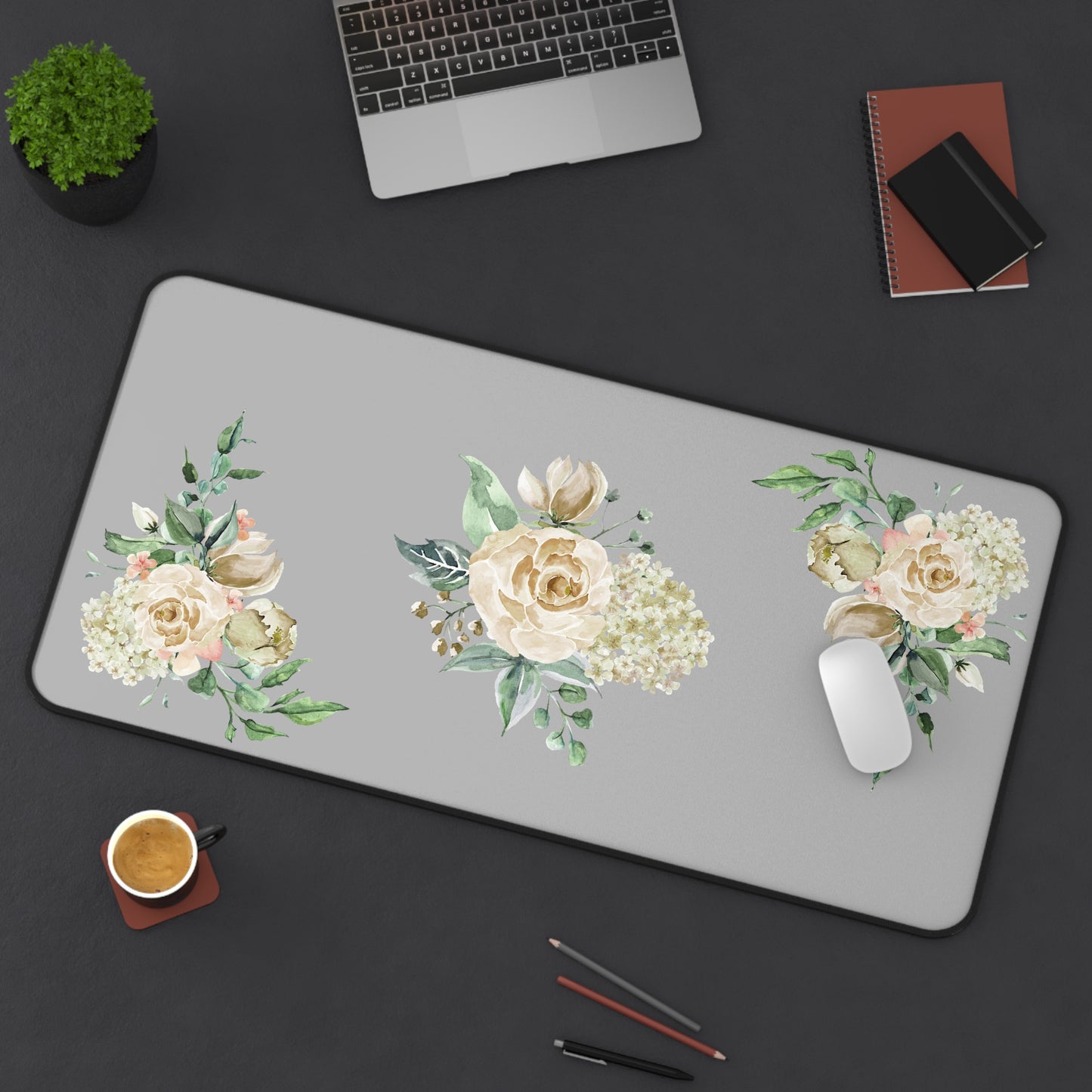 A Splash of Rosé: Whimsical Watercolor Roses Grey Desk Mat