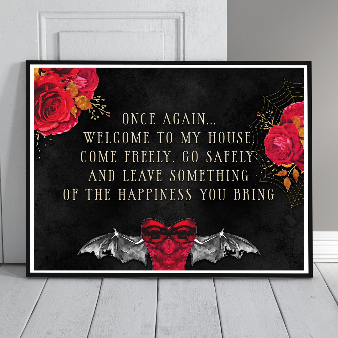 Welcome sign in a horror theme framed for example